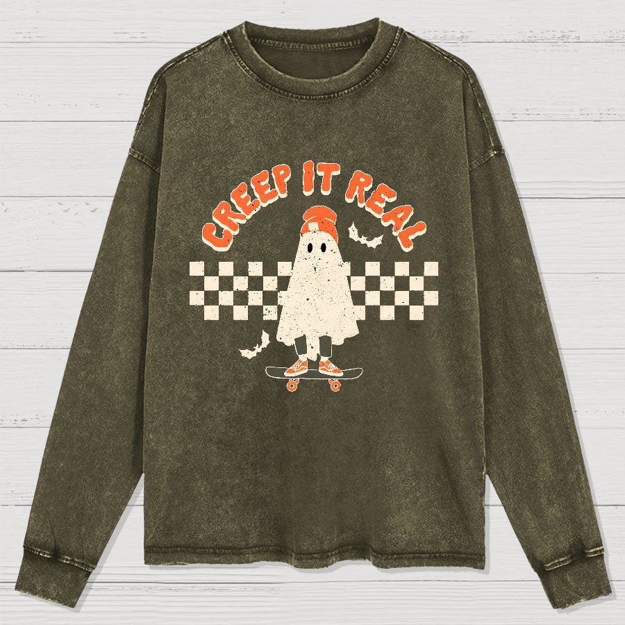 Creep it Real Vintage Ghost Halloween Washed Long Sleeve Tee