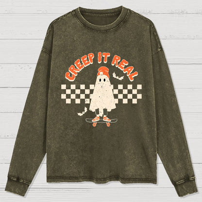 Creep it Real Vintage Ghost Halloween Washed Long Sleeve Tee