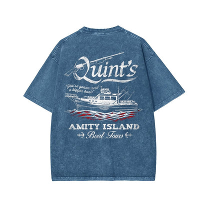 Captain's Shark Fishing Front And Back Printing Washed T-shirt