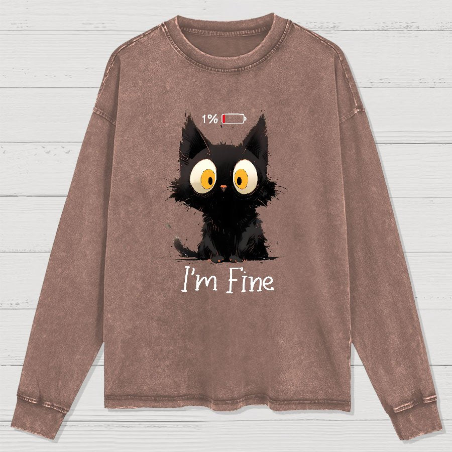I'm Fine Black Cat Washed Long Sleeve Tee