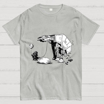 Picking Up Feces With A Huge Poop Bag Empire Robot Dog-Planet Battles Geek T-Shirt