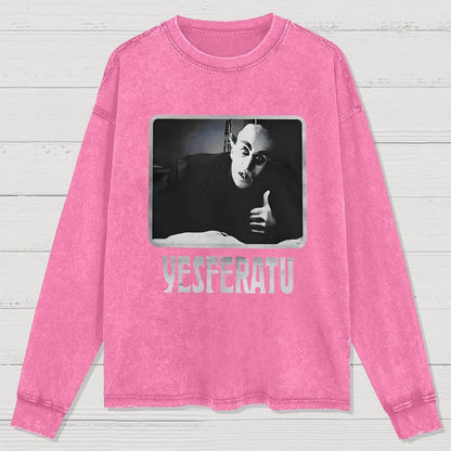 Yesferatu Funny Horror Retro Washed Long Sleeve Tee