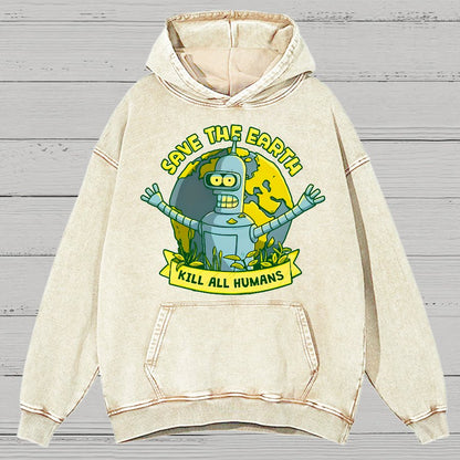 Save The Earth Kill All Humans Vintage Distressed Hoodie