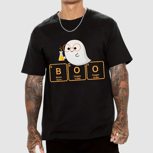 Ghost Scientist With Periodic Table of Elements that Spell BOO, Halloween Geek T-Shirt