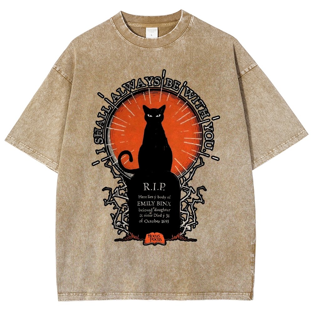 Halloween Cat Print Vintage Distressed T-shirt