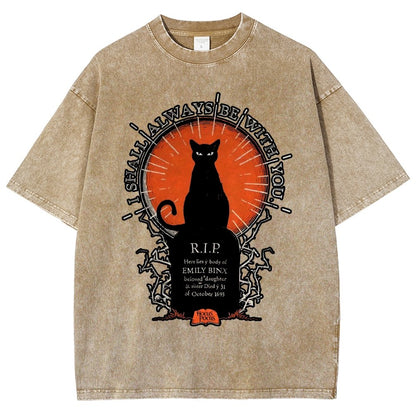 Halloween Cat Print Vintage Distressed T-shirt