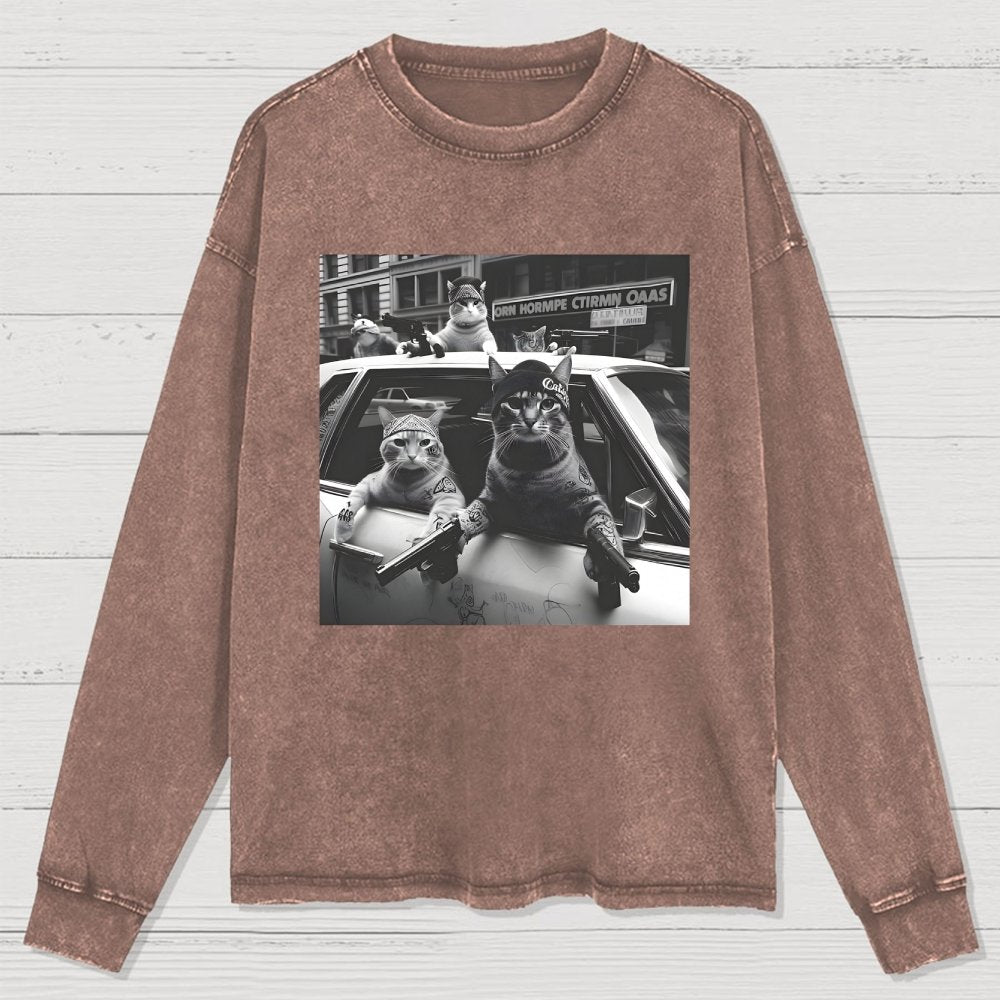 Funny Cat Gang Vintage Washed Long Sleeve Tee