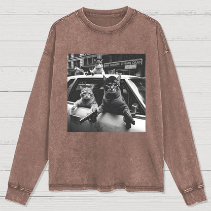 Funny Cat Gang Vintage Washed Long Sleeve Tee