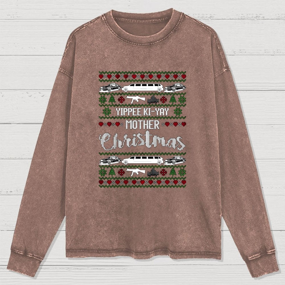 Yippee Ki-Yay Mother Christmas Ugly Washed Long Sleeve Tee