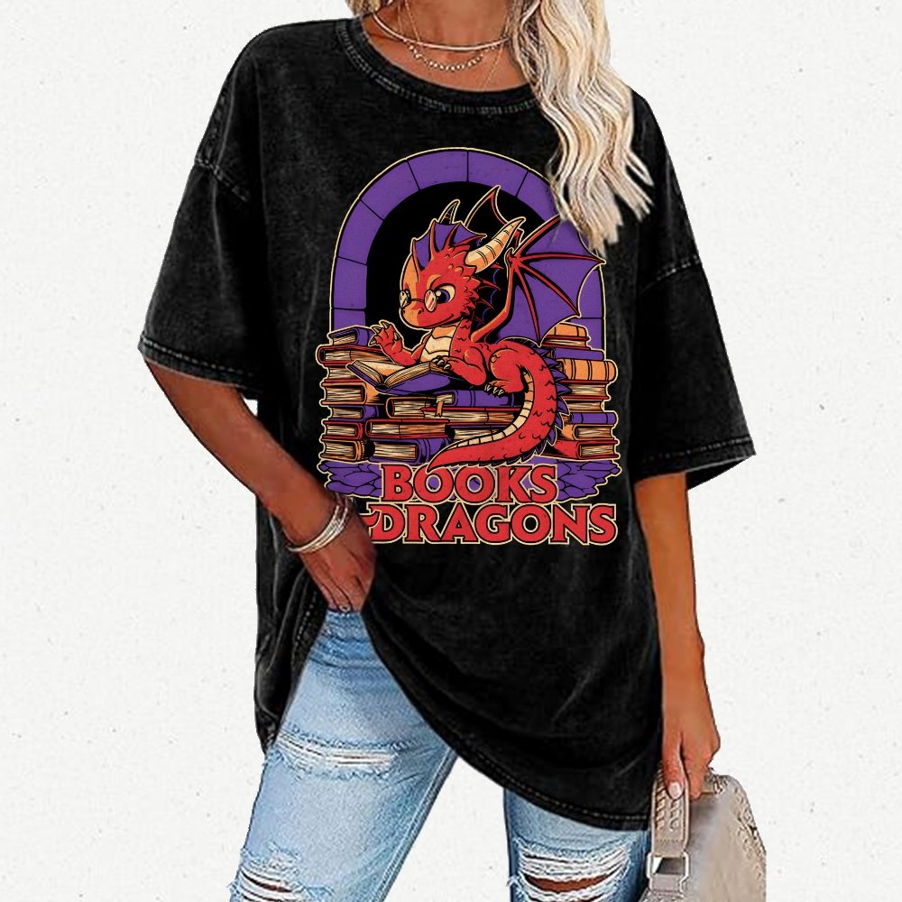 Books and Dragons Vintage Distressed T-shirt