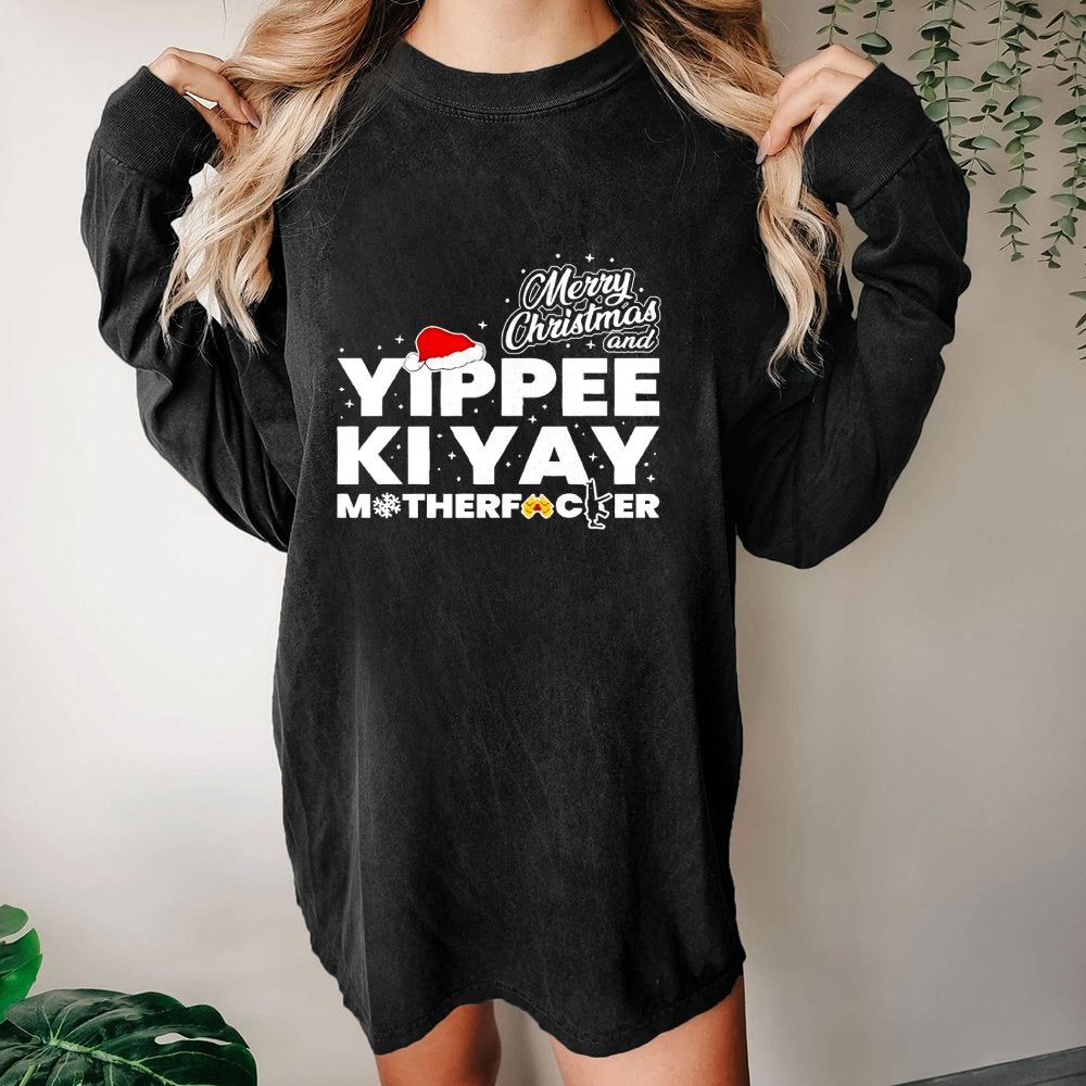 Merry Christmas And Yippee Ki Yay Motherfucker Washed Long Sleeve Tee