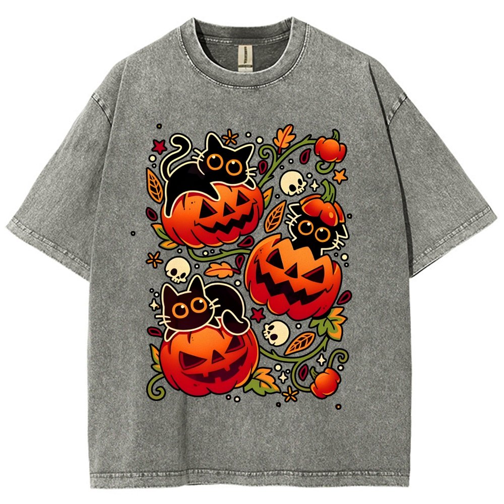 Black Cat Pumpkin Halloween Party Vintage Distressed T-shirt