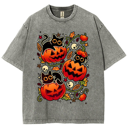 Black Cat Pumpkin Halloween Party Vintage Distressed T-shirt
