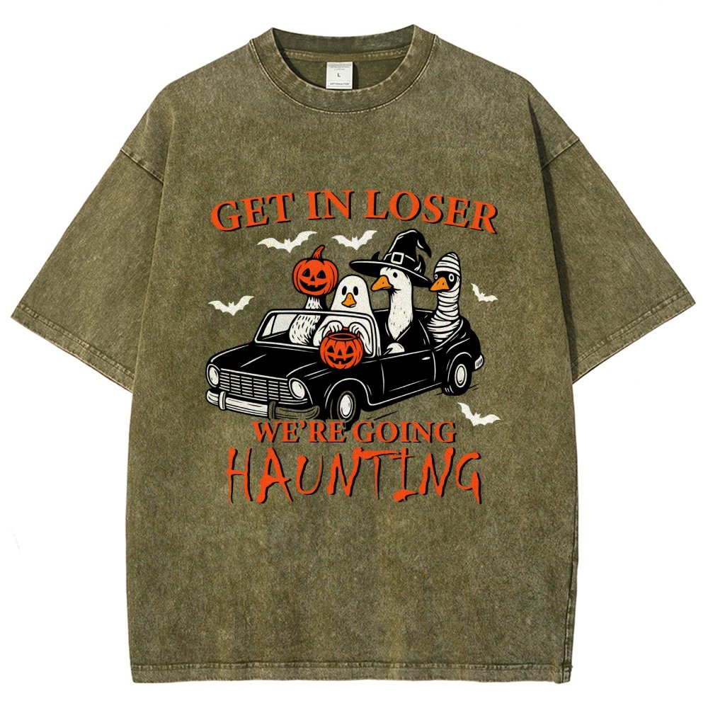 Get in Loser We’re Going Haunting Halloween Ghost Goose Vintage Distressed T-shirt