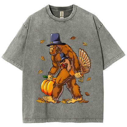 Turkey Pumpkin Thanksgiving Sasquatch Vintage Distressed T-shirt