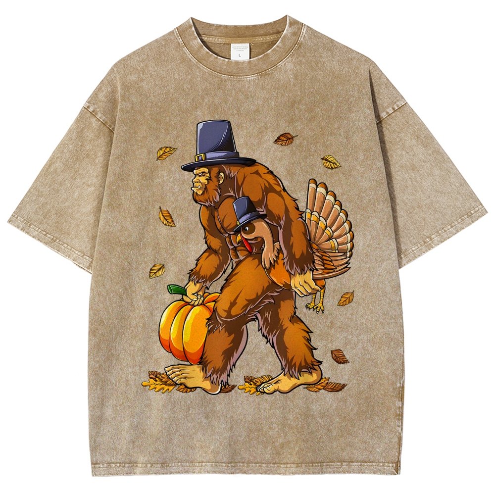 Turkey Pumpkin Thanksgiving Sasquatch Vintage Distressed T-shirt