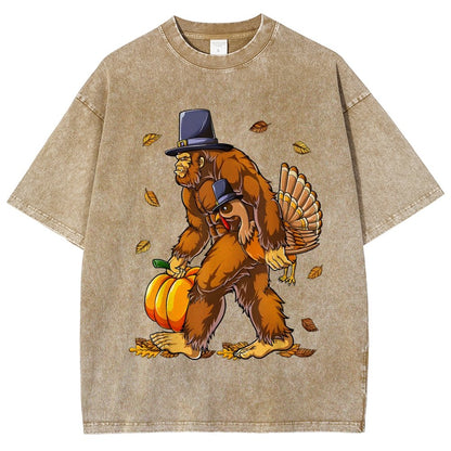 Turkey Pumpkin Thanksgiving Sasquatch Vintage Distressed T-shirt