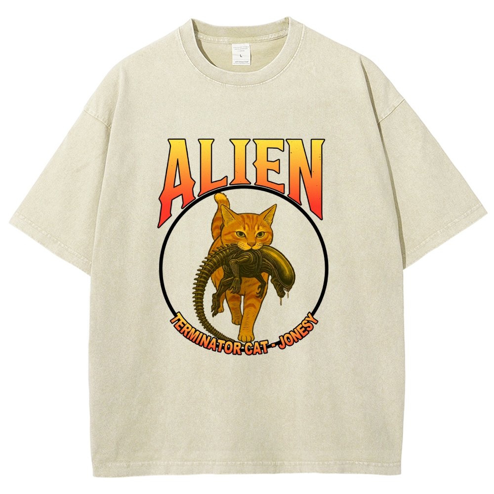 Black Cat Eating Alien Vintage Distressed T-shirt