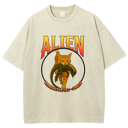Black Cat Eating Alien Vintage Distressed T-shirt