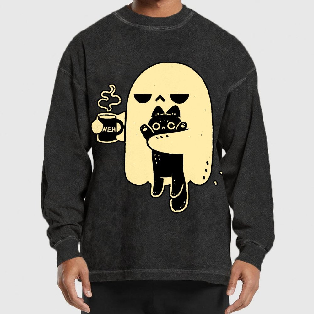 Cute Ghost Holding Cat Washed Long Sleeve Tee