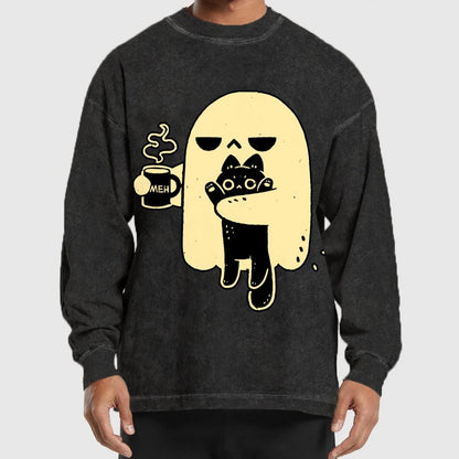 Cute Ghost Holding Cat Washed Long Sleeve Tee