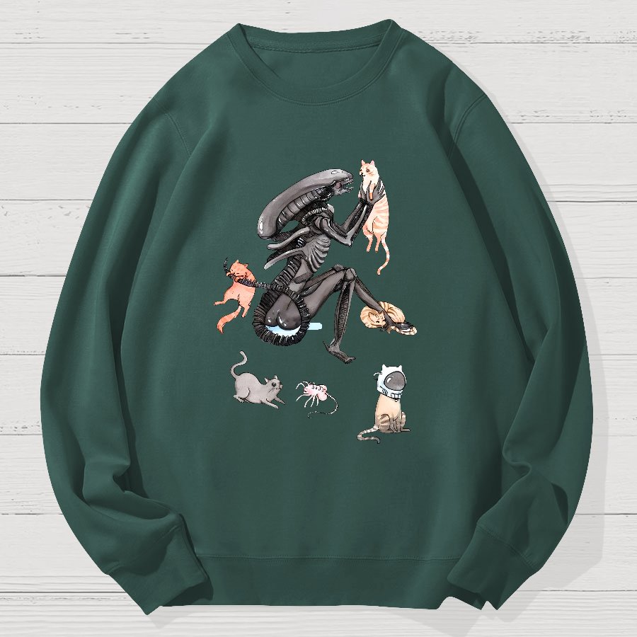 Funny Alien And Cat Geek Cotton Sweatshirt