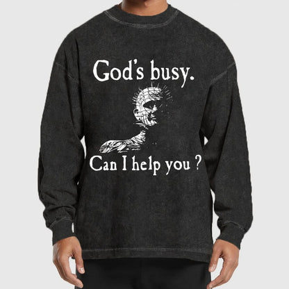 God's Busy Can I Help You? Washed Long Sleeve Tee