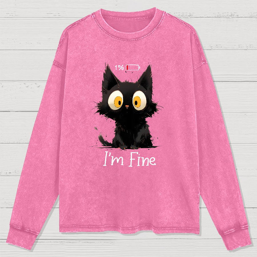 I'm Fine Black Cat Washed Long Sleeve Tee