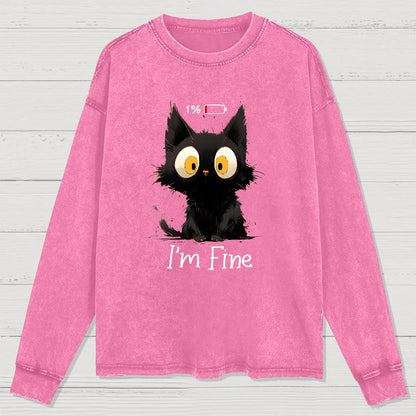 I'm Fine Black Cat Washed Long Sleeve Tee