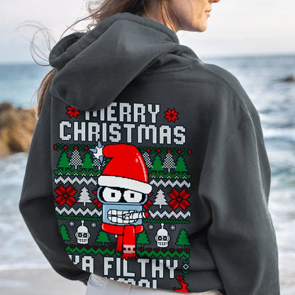 Merry Christmas Ya Filthy Animal Printed Back Cotton Hoodie