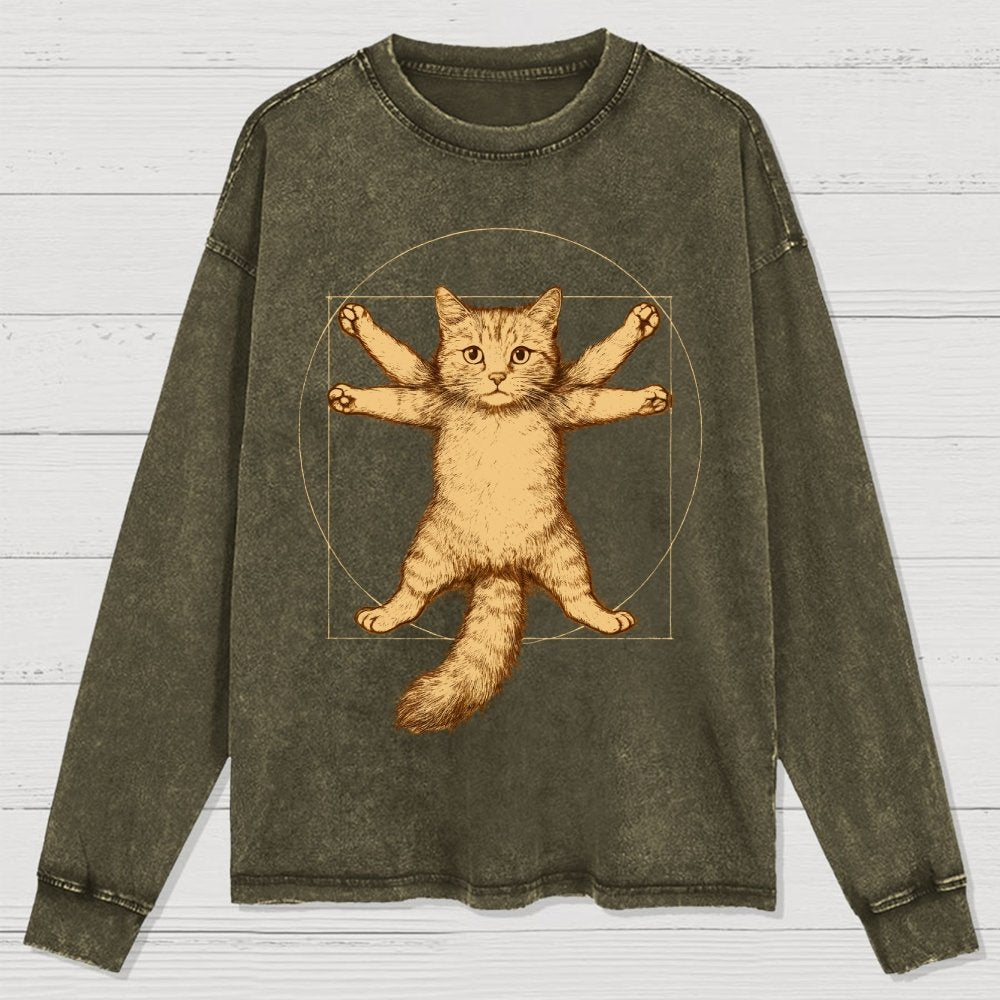 Leonardo Da Vinci-Inspired Vintage Cat Washed Long Sleeve Tee