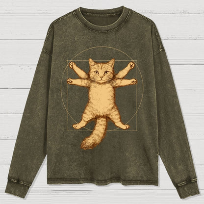 Leonardo Da Vinci-Inspired Vintage Cat Washed Long Sleeve Tee