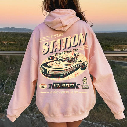 Classic Printed Back Cotton Hoodie with a Fictitious Location Design