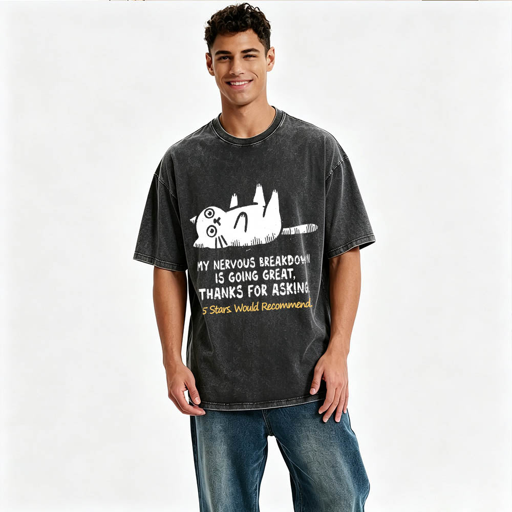 My Nervous Breakdown Is Going Great Thanks For Asking Funny Cat Vintage Washed Graphic Tee