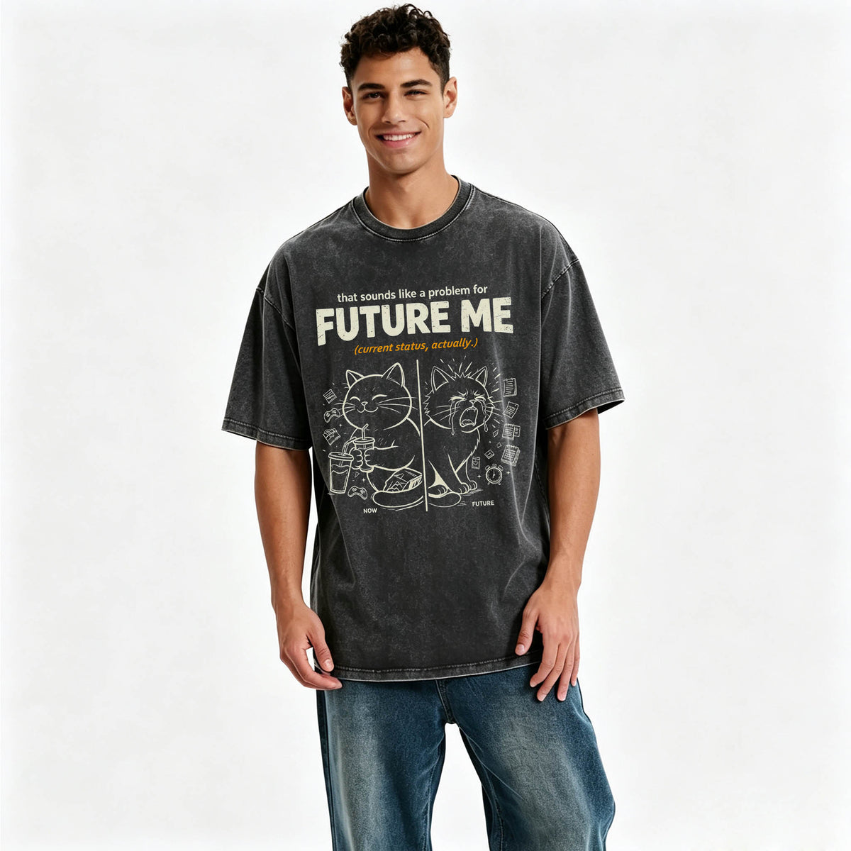 That Sounds Like A Problem For Future Me Funny Cat Vintage Washed Graphic T-Shirt