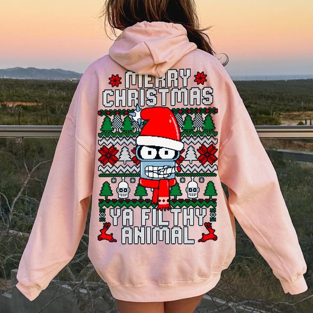 Merry Christmas Ya Filthy Animal Printed Back Cotton Hoodie