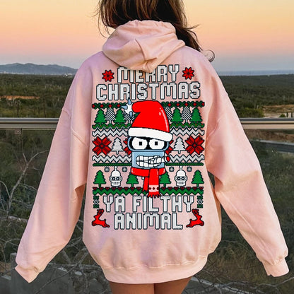 Merry Christmas Ya Filthy Animal Printed Back Cotton Hoodie