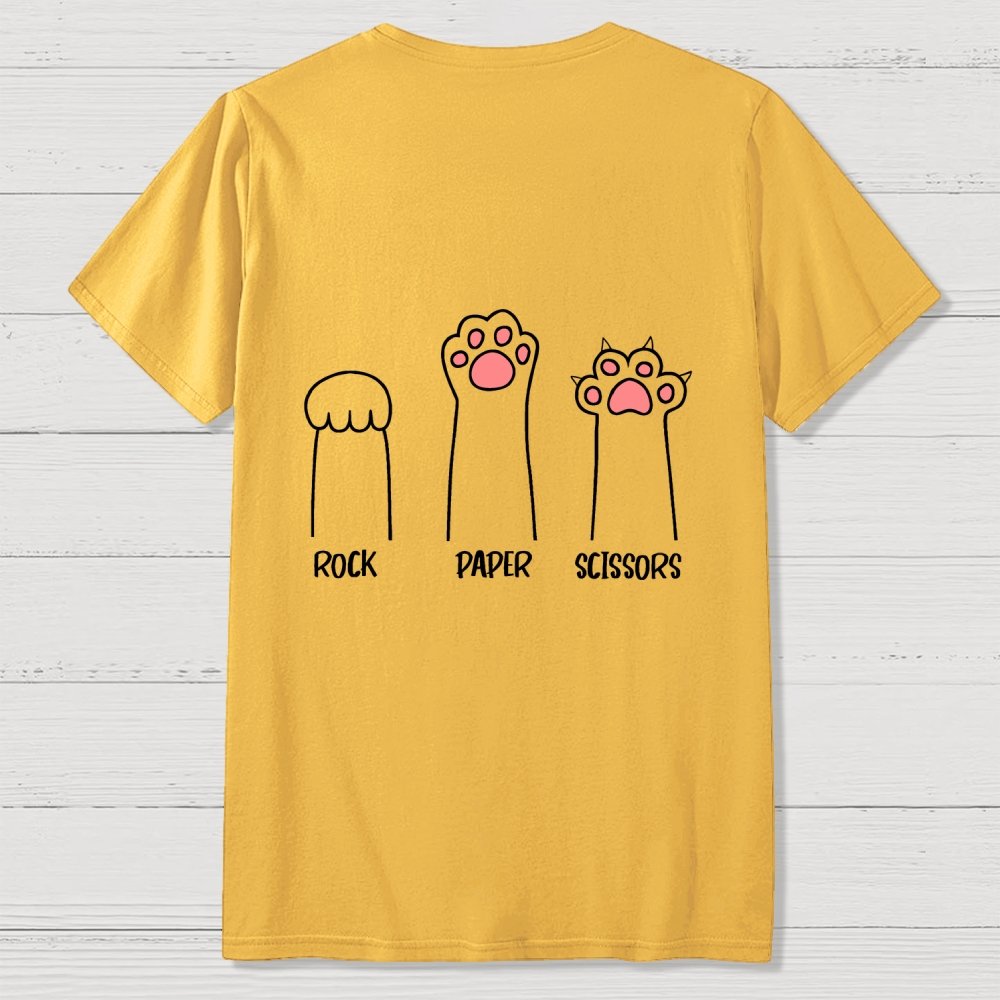 Rock Paper Scissors Hand Game Cute Paw Funny Cat Front And Back Printing Geek T-Shirt
