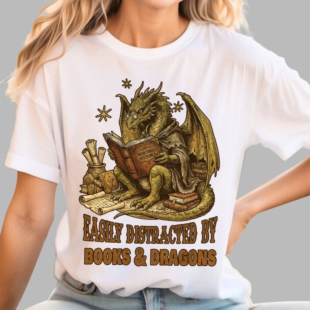 Easily Distracted By Books And Dragons Geek T-Shirt