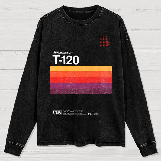 VHS T-120 Vintage Video Tape Retro Graphic Washed Long Sleeve Tee
