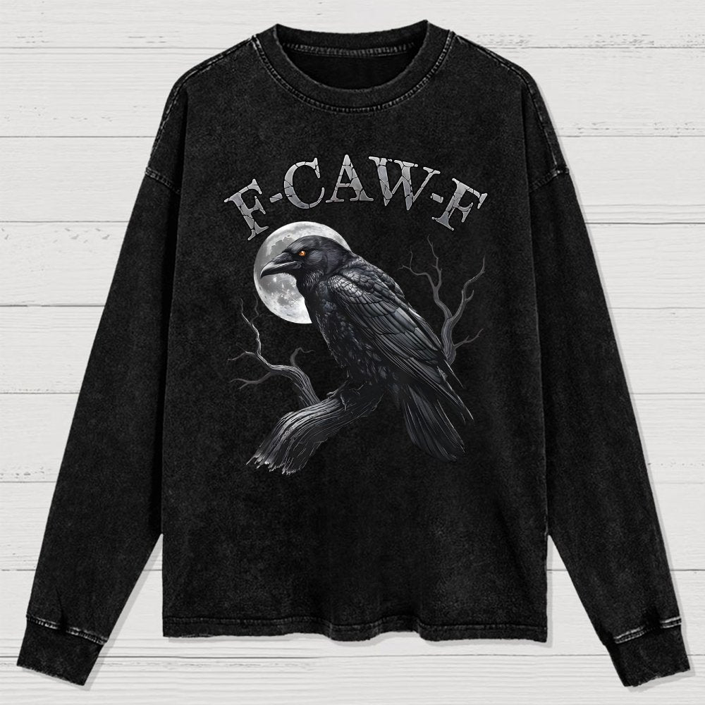 Black Crow F-Caw-F Funny Black Bird Moon Washed Long Sleeve Tee