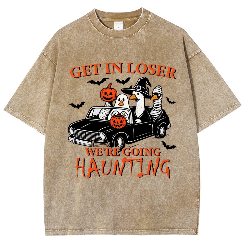 Get in Loser We’re Going Haunting Halloween Ghost Goose Vintage Distressed T-shirt