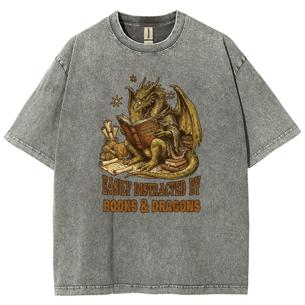 Easily Distracted by Books and Dragons Vintage Distressed T-shirt