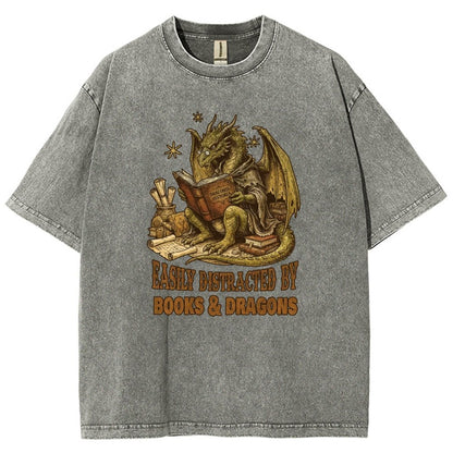 Easily Distracted by Books and Dragons Vintage Distressed T-shirt