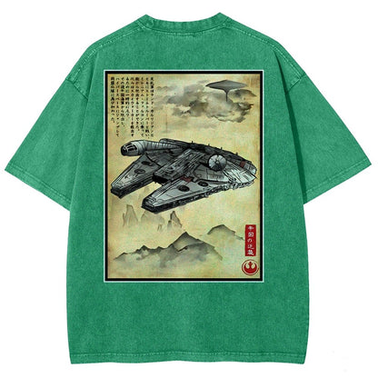 Escape from Sky City woodblock Back Print Washed T-Shirt