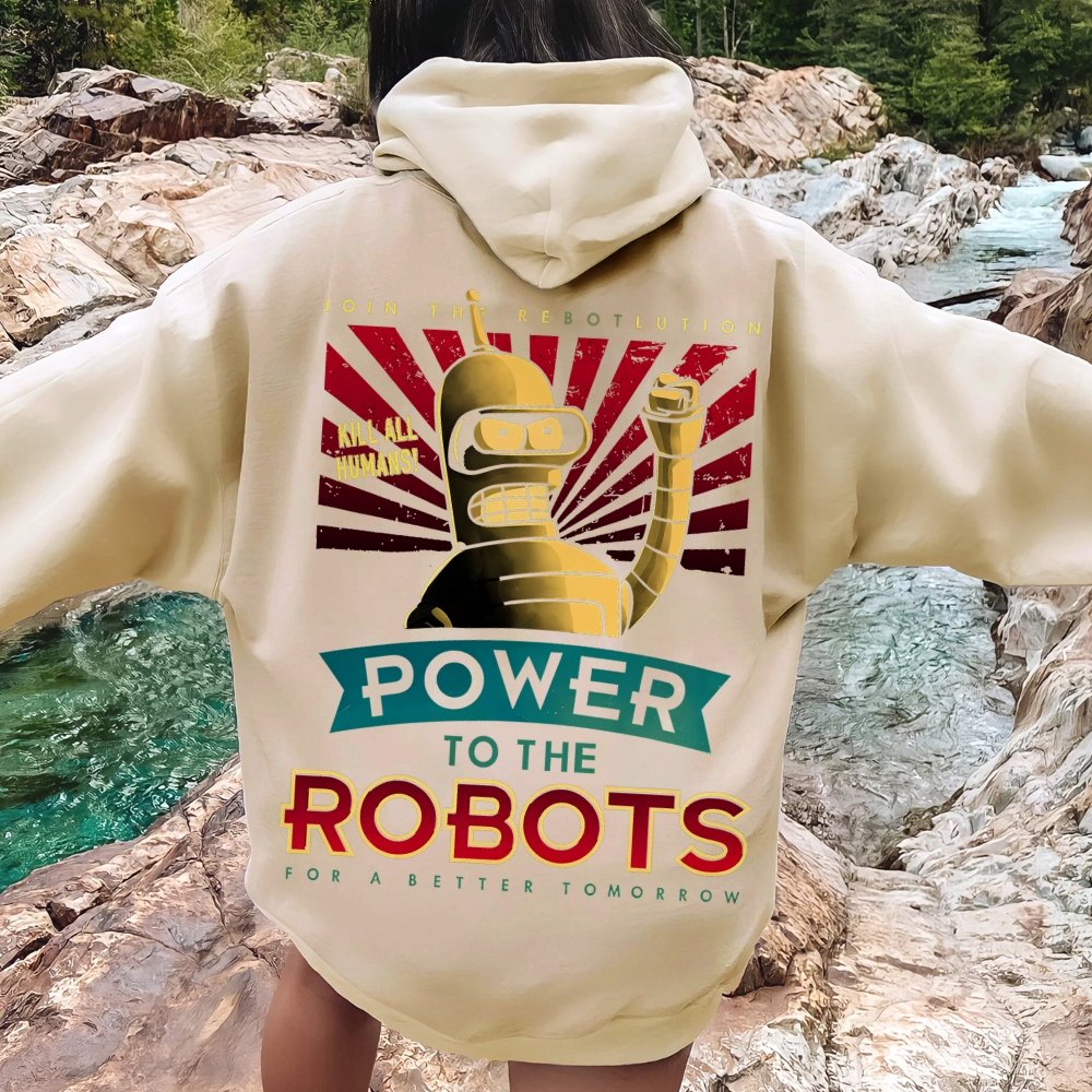 Power To The Robots Printed Back Cotton Hoodie