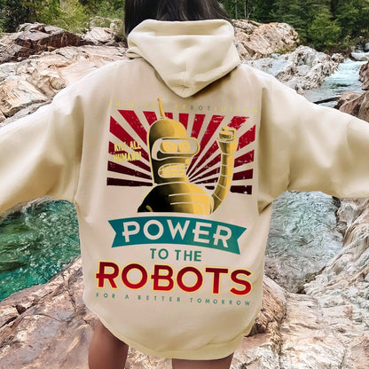 Power To The Robots Printed Back Cotton Hoodie