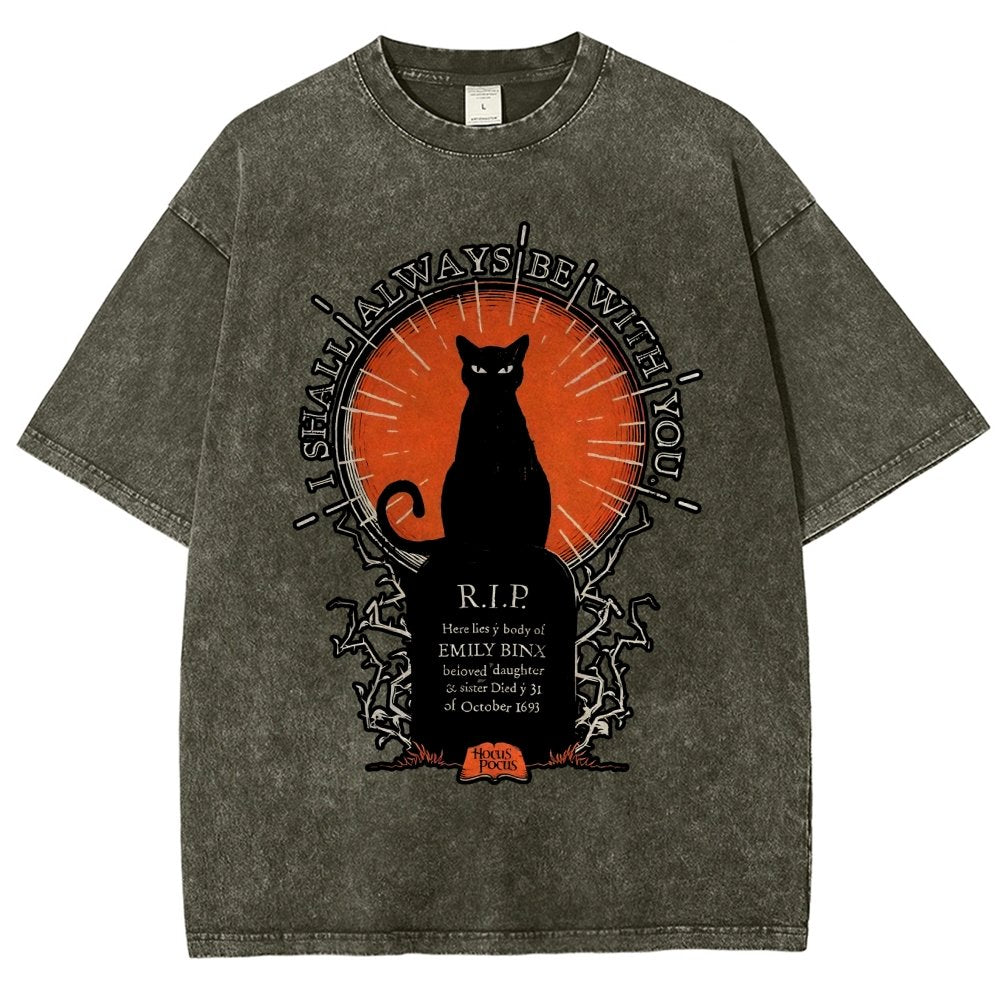 Halloween Cat Print Vintage Distressed T-shirt