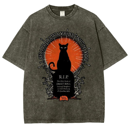 Halloween Cat Print Vintage Distressed T-shirt