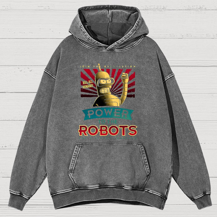 Power To The Robots Vintage Distressed Hoodie